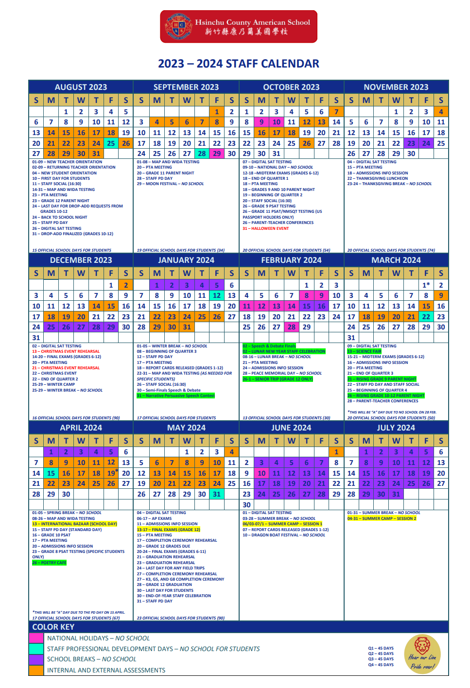School Calendar - 新竹縣康乃薾美國學校